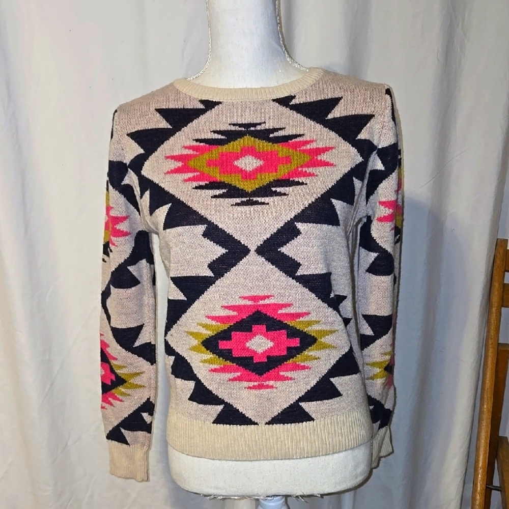 Forever 21 Geometric Patterned Sweater - Pink, Black, Cream